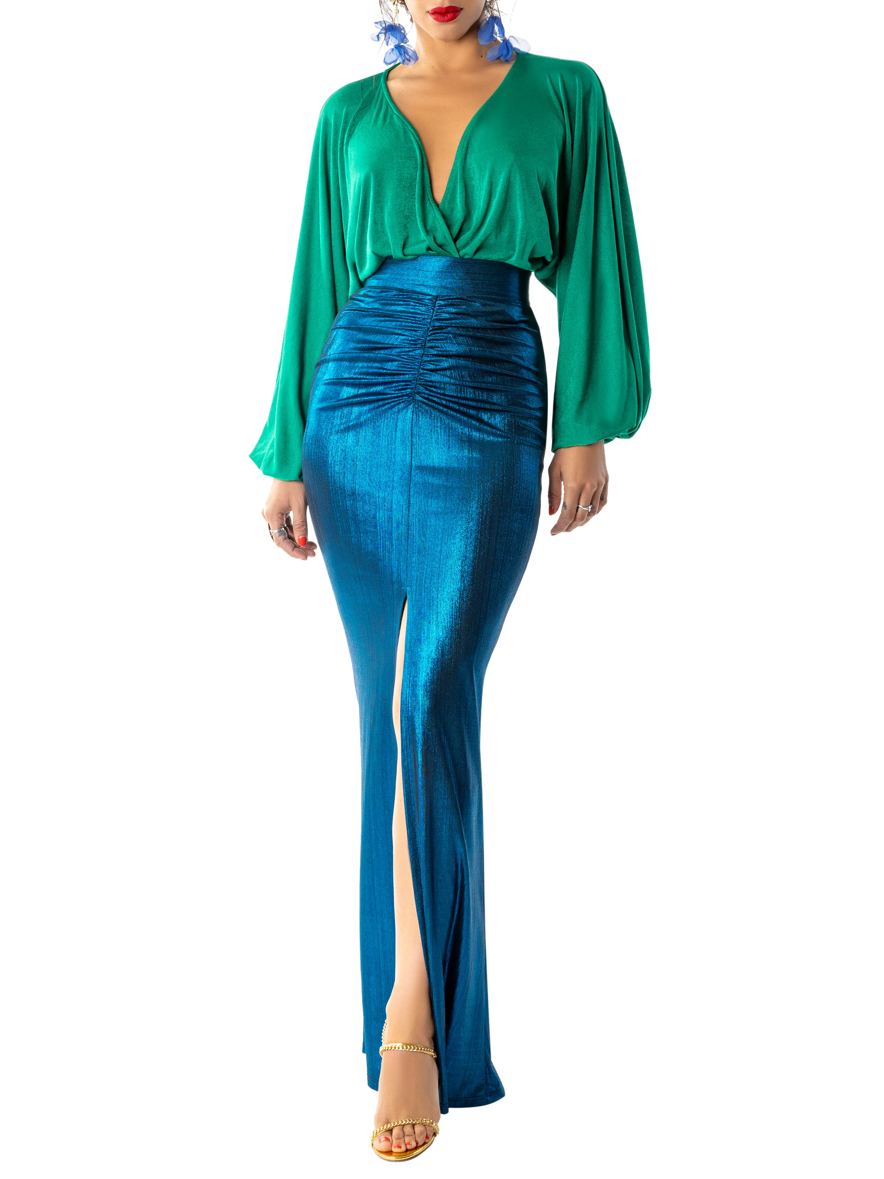 "Yvette" Blue Ruched Maxi Skirt - Image 3
