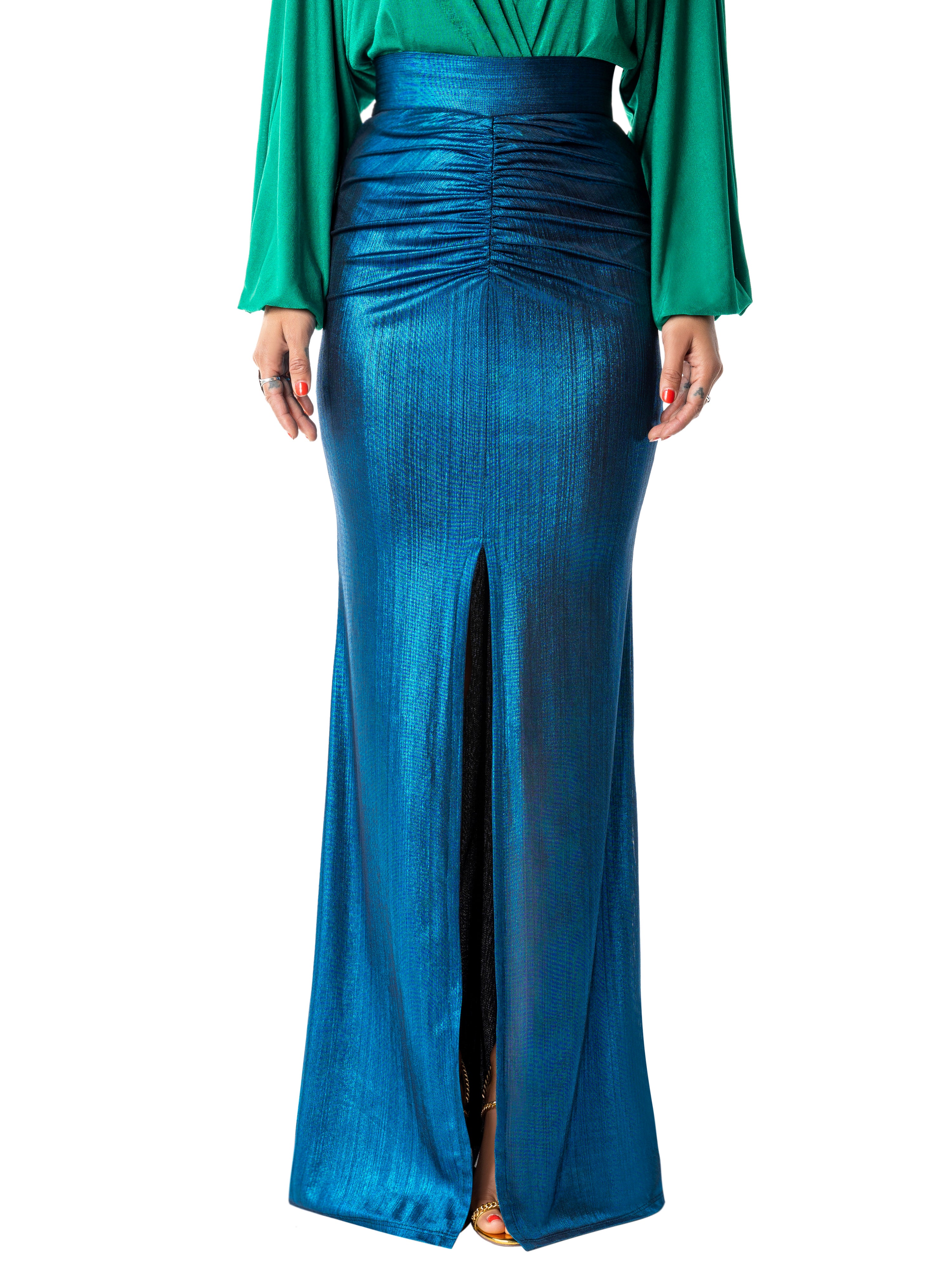 "Yvette" Blue Ruched Maxi Skirt - Image 4