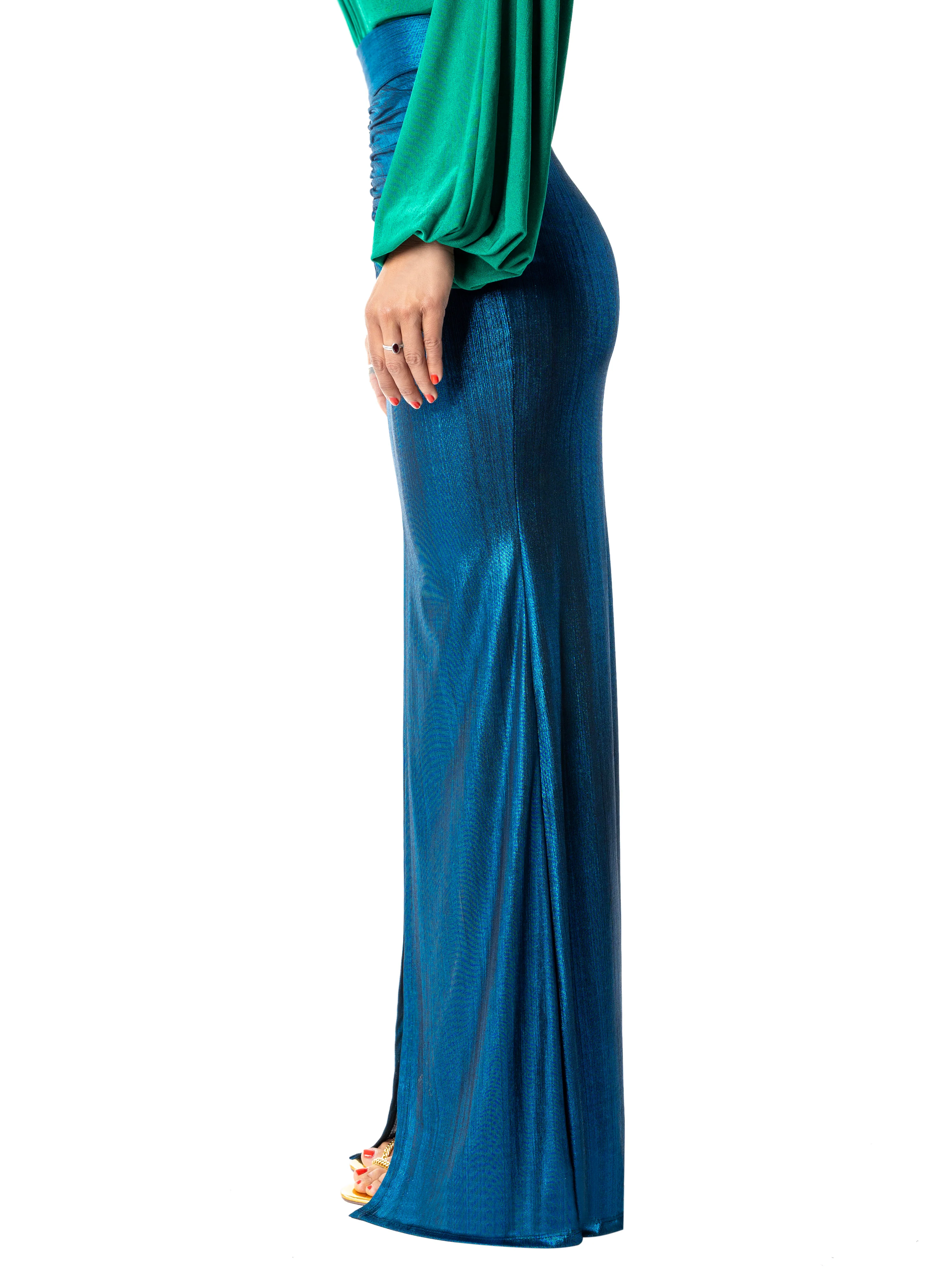 "Yvette" Blue Ruched Maxi Skirt - Image 5