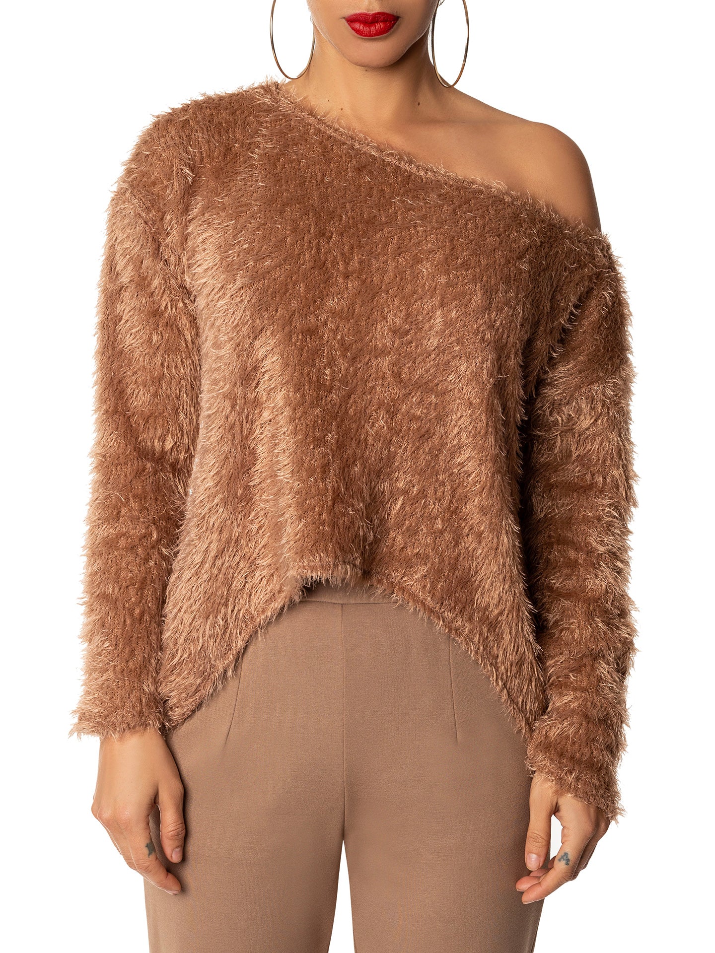 "Zara" Khaki Shaggy Off Shoulder Sweater - Image 3