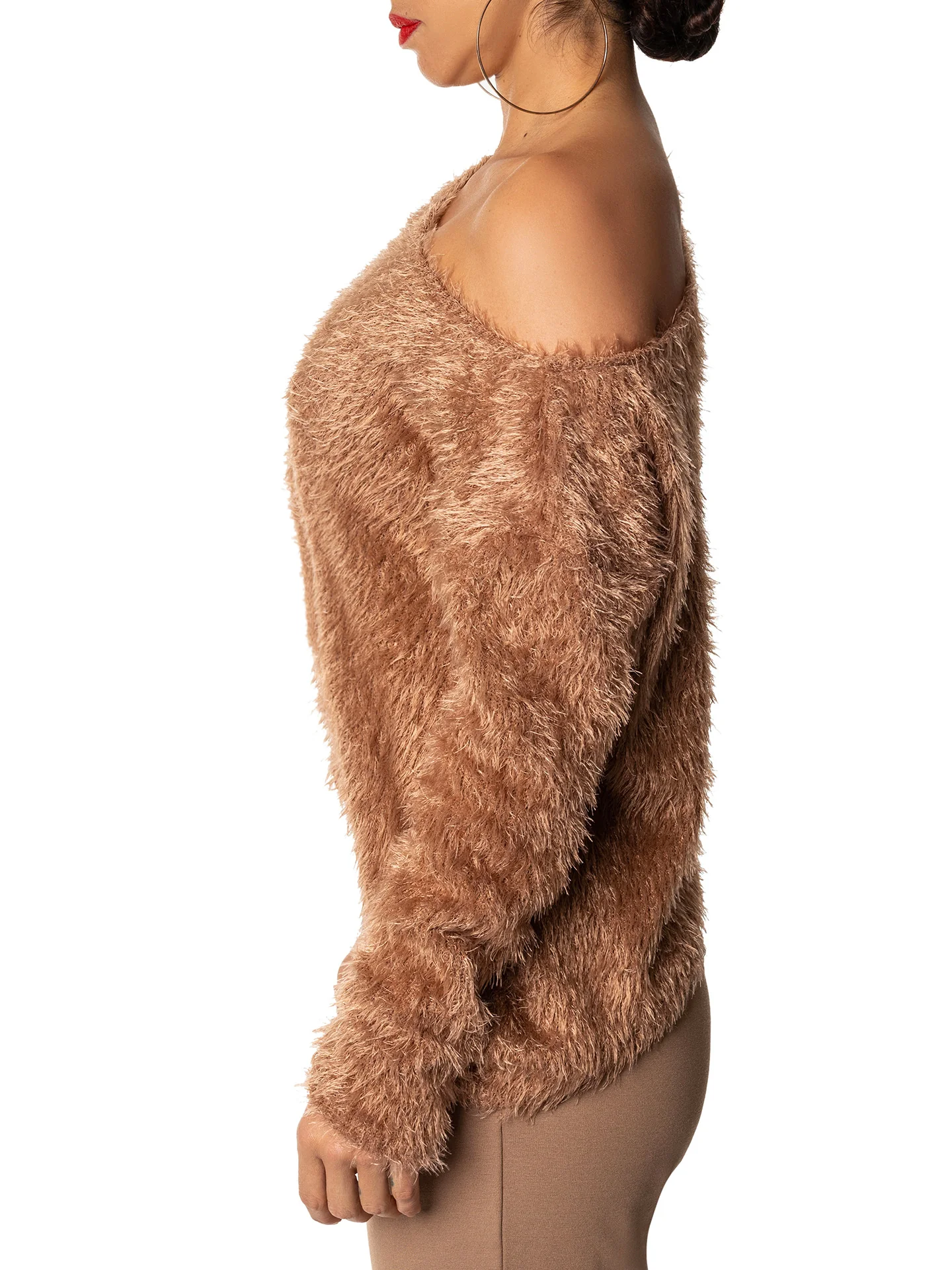 "Zara" Khaki Shaggy Off Shoulder Sweater - Image 4