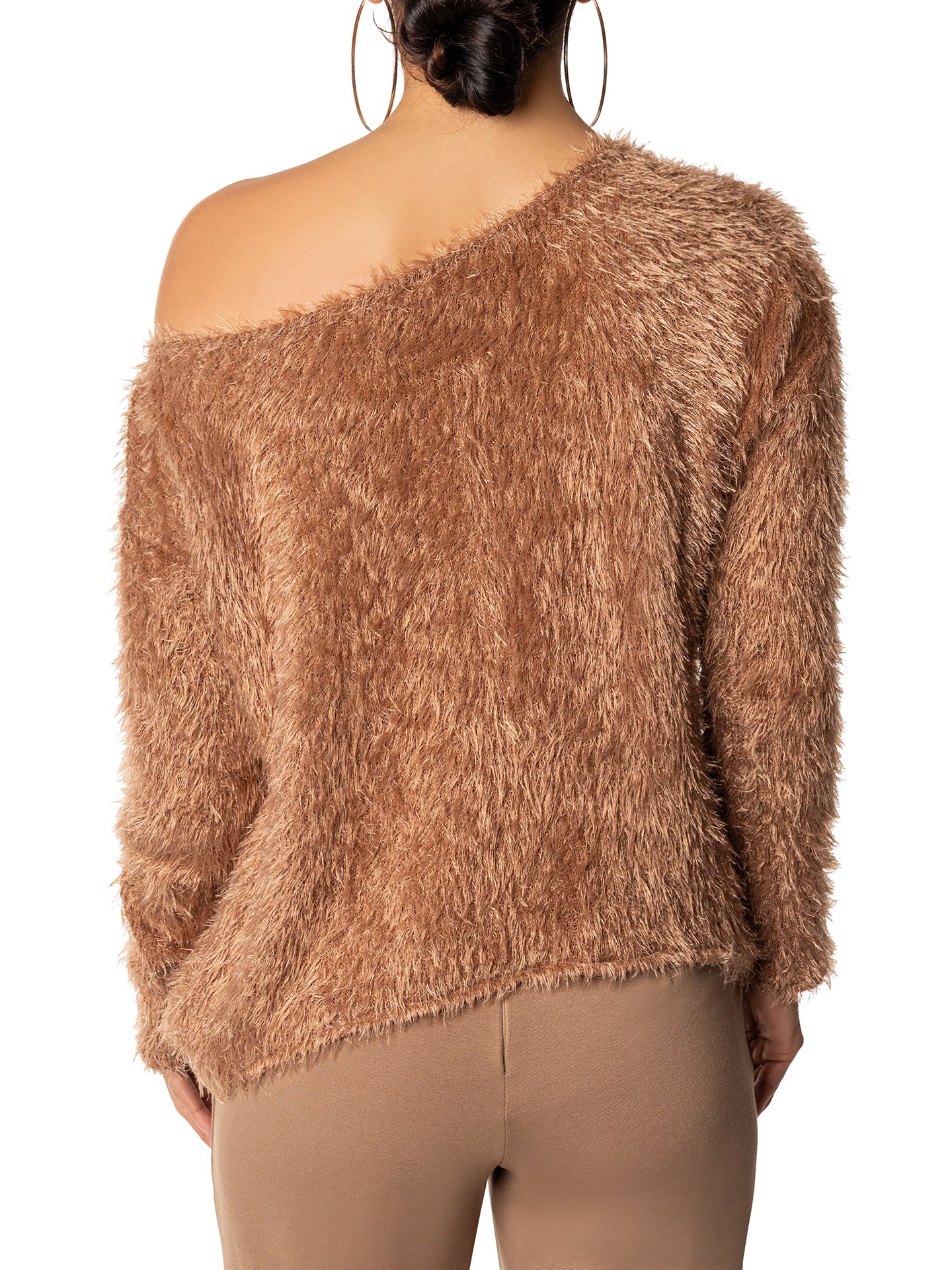 "Zara" Khaki Shaggy Off Shoulder Sweater - Image 5