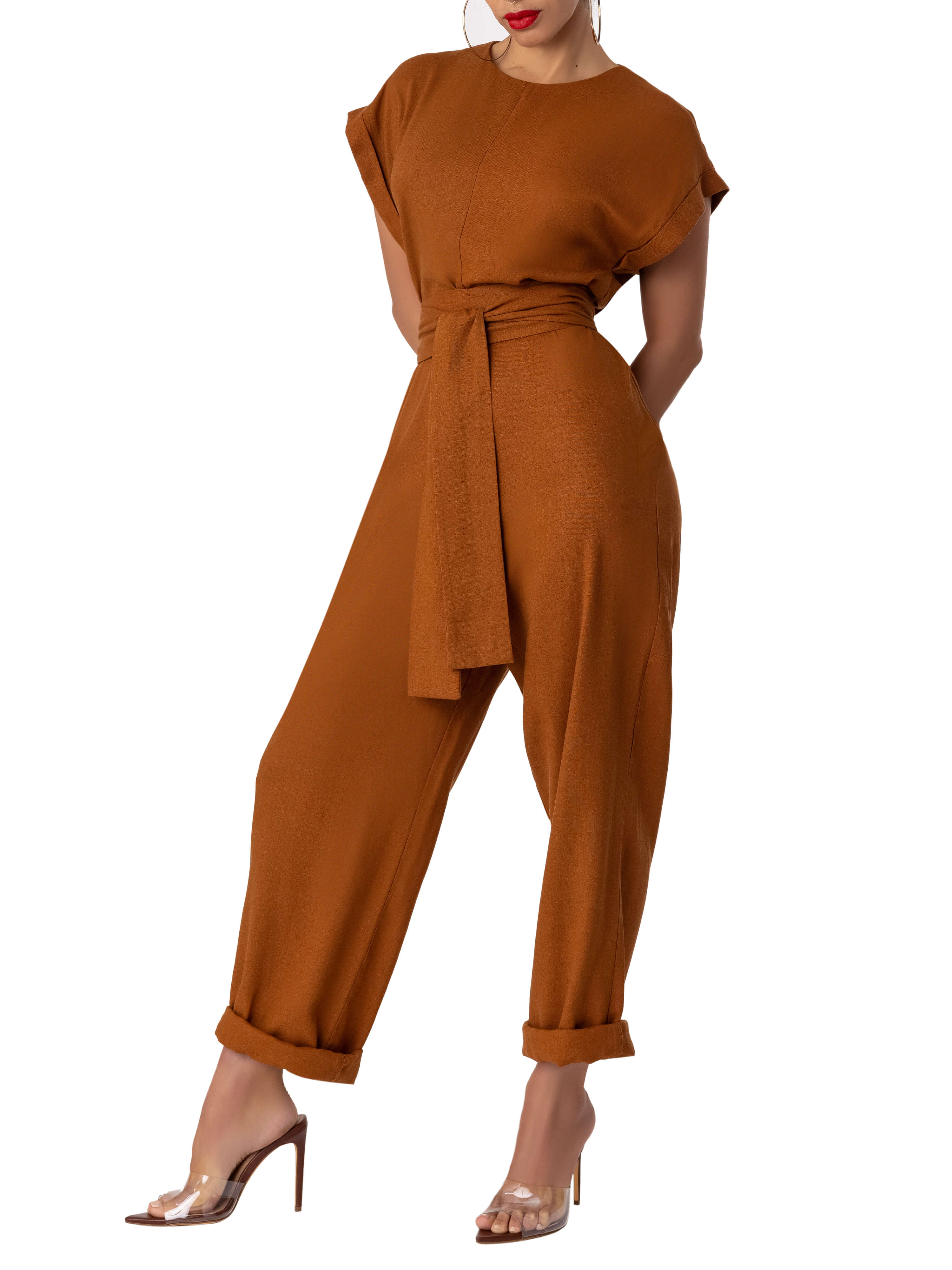 "Zion" Cognac Cap Sleeve Relaxed Jumpsuit - Image 3