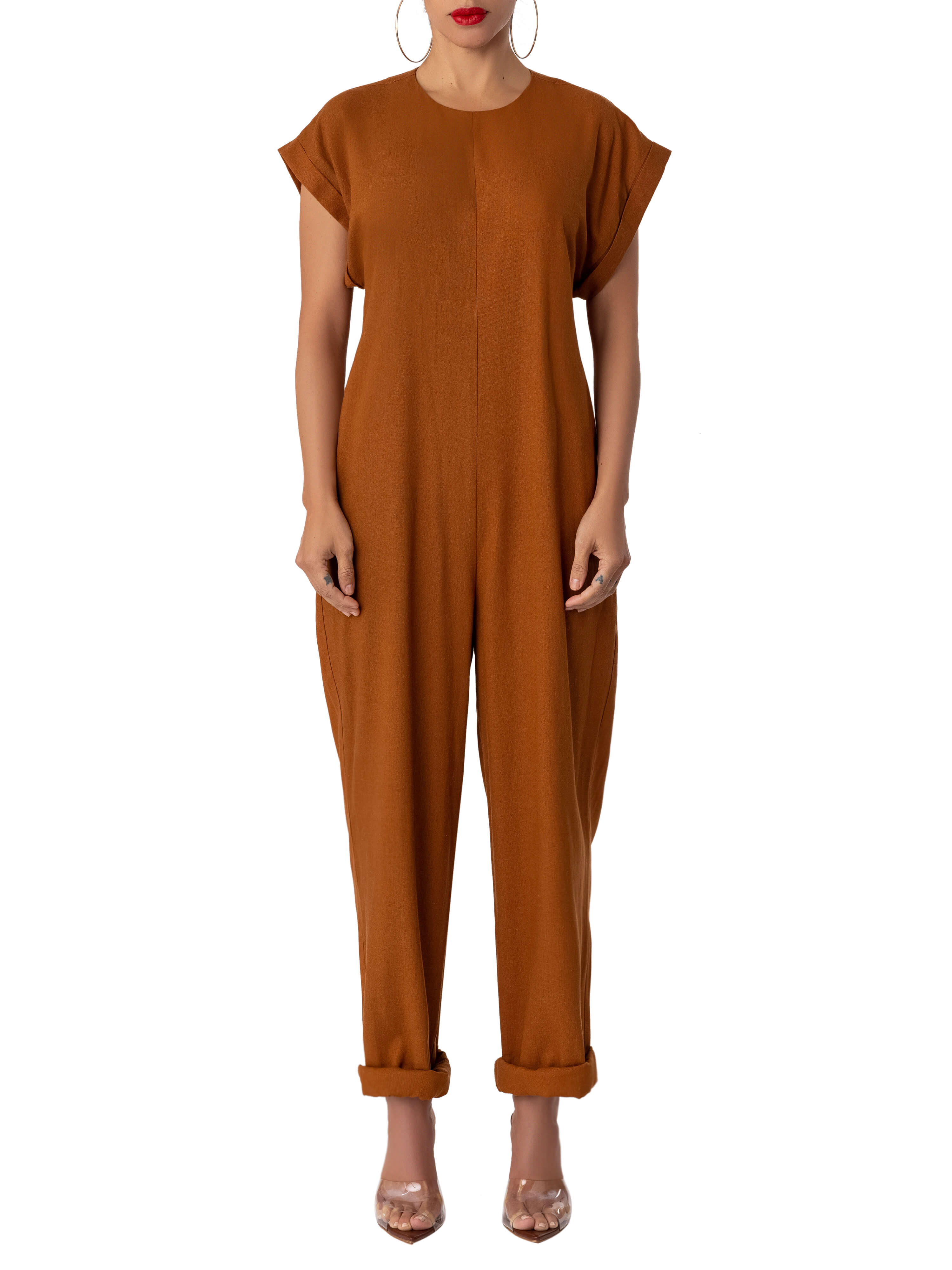 "Zion" Cognac Cap Sleeve Relaxed Jumpsuit - Image 4